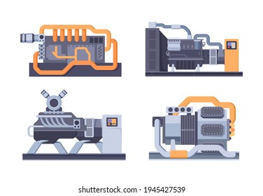 Industrial generator. Steel jerrycan fuel electricity for balloons types of maintenance generators garish vector flat machines