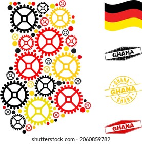 Industrial Ghana map collage and seals. Vector collage is composed with clock gear items in different sizes, and Germany flag official colors - red, yellow, black.