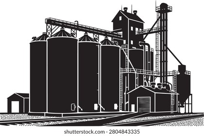 Industrial grain elevator silo complex silhouette vector illustration