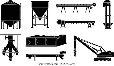 Industrial grain handling machinery set featuring storage silo hopper conveyor belt grain elevator distributor and drilling rigIndustrial grain handling machinery set featuring storage silo hopper conveyor belt grain elevator distributor and drilling rig