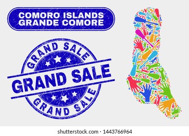 Industrial Grande Comore Island map and blue Grand Sale scratched stamp. Colorful vector Grande Comore Island map mosaic of equipment. Blue round Grand Sale badge.