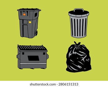 Industrial gray garbage disposal container graphic set. Flat municipal waste dumpsters metal bins and black plastic bags isolated on a lime green background