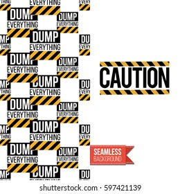 Industrial greeting card for kids, children illustrated in toy style. Seamless pattern background with road, construction machinery. Inscription: caution sign. Vector template.