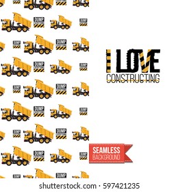 Industrial greeting card for kids, children illustrated in toy style. Seamless pattern background with road, construction machinery. Inscription: i love constructing. Vector template.