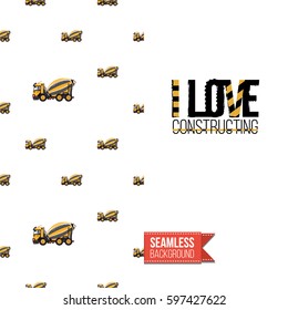 Industrial greeting card for kids, children illustrated in toy style. Seamless pattern background with road, construction machinery. Inscription: i love constructing. Vector template.
