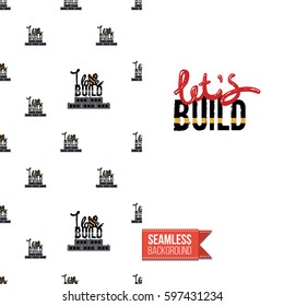 Industrial greeting card for kids, children illustrated in toy style. Seamless pattern background with road, construction machinery. Inscription: lets build inscription. Vector template.