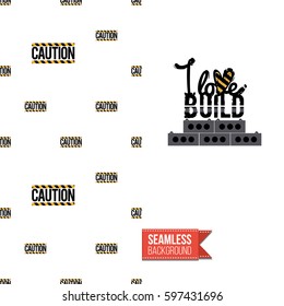 Industrial greeting card for kids, children illustrated in toy style. Seamless pattern background with road, construction machinery. Inscription: i love build. Vector template.