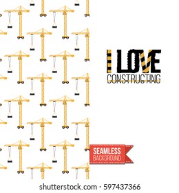 Industrial greeting card for kids, children illustrated in toy style. Seamless pattern background with road, construction machinery. Inscription: i love constructing. Vector template.