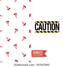 Industrial greeting card for kids, children illustrated in toy style. Seamless pattern background with road, construction machinery. Inscription: caution sign. Vector template.