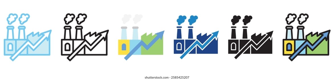 Industrial Growth multi style, mini illustration icon. outline, flat, glyph, dual tone, line color, UI, UX kit, app and web development, digital or print. For finance, business, economy.