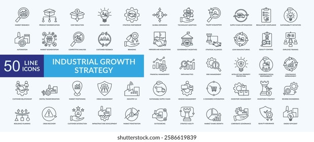 Industrial growth strategy icon collection set with market research, product diversification, cost reduction, technology adoption, continuous improvement
