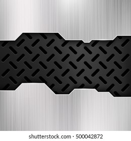 Industrial grunge metal, steel wall, gatel vector background. Silver panel with black perforated surface illustration