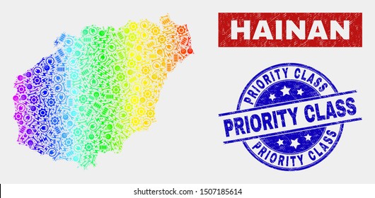 Industrial Hainan map and blue Priority Class grunge seal stamp. Colorful gradiented vector Hainan map mosaic of industrial units. Blue round Priority Class badge.