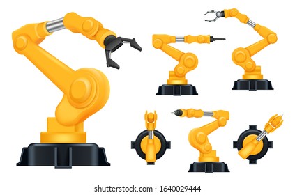 Industrial hands. Factory automatically robots for manufacturing processes smart help systems vector realistic