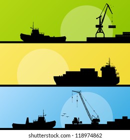 Industrial harbor, ships, transportation and crane seashore landscape silhouette illustration collection background vector