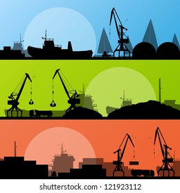 Industrial harbor, ships, transportation and crane seashore landscape silhouette illustration collection background vector