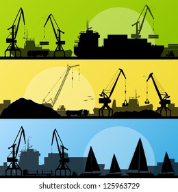 Industrial harbor, ships, transportation and crane seashore landscape silhouette illustration collection background vector