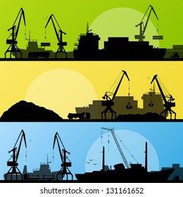 Industrial harbor, ships, transportation and crane seashore landscape silhouette illustration collection background vector