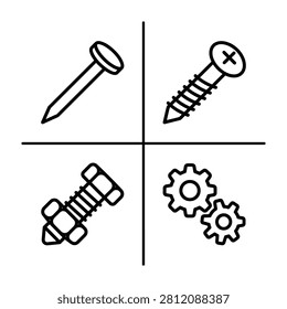 Industrial hardware fasteners and mechanical components icon set featuring nail screw bolt metal gears hardware fastener mechanical industry