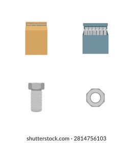 Industrial hardware supply set featuring cardboard box metal screws bolt and hexagonal nut for construction and assembly work projects