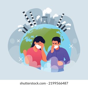 Industrial harm concept. Man and woman in mask suffocating next to factory. Emission of hazardous waste, improper production. Caring for nature, environment. Cartoon flat vector illustration