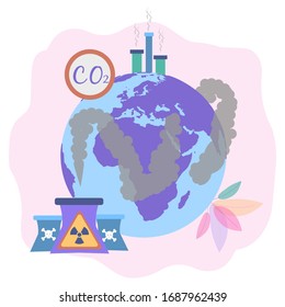 Industrial harm. Toxic chemical industry. Global industrial air pollution, metaphors of automobile pollution. Colorful vector illustration