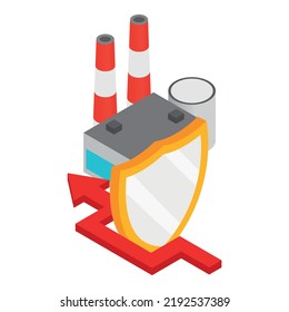 Industrial hazard icon isometric vector. Factory behind shield, arrow bypassing. Power station, generating electricity, heavy industry