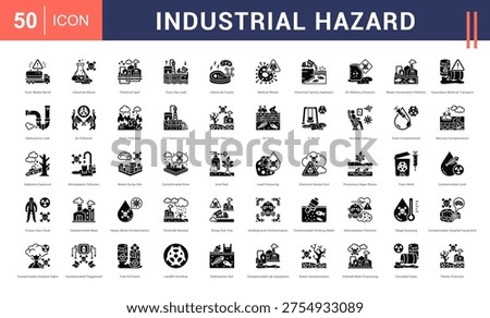 Industrial Hazard Icon Set. toxic waste barrel, industrial waste, chemical spill, toxic gas leak, industrial fumes and more. Glyph Style vector icons collection.
