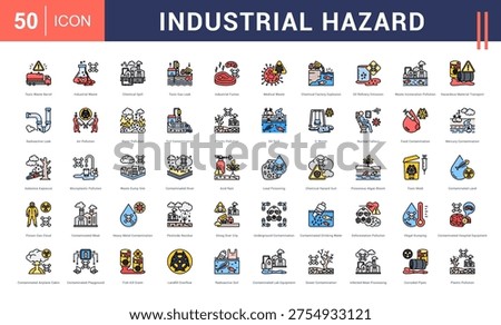 Industrial Hazard Icon Set. toxic waste barrel, industrial waste, chemical spill, toxic gas leak, industrial fumes and more. Flat Line Style vector icons collection.