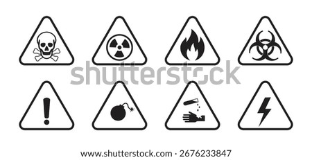 Industrial hazard vector icon set includes danger, toxic, radiation, flame, biohazard, caution, Explosive, chemical, high voltage electricity symbols. Flat silhouette for workplace safety signage