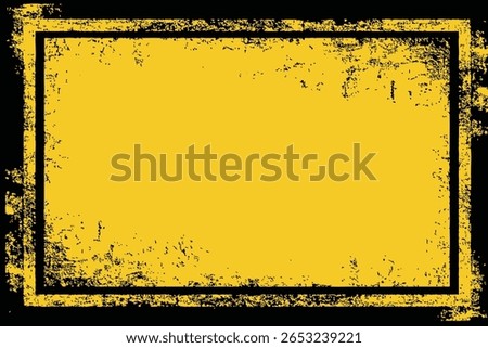 Industrial hazard or warning sign background. The distressed yellow and black rectangular frame has a dirty, eroded texture, ideal for creating notices about danger, caution, or construction.