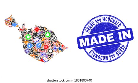 Industrial Heard and McDonald Islands map mosaic and MADE IN grunge stamp. Heard and McDonald Islands map mosaic designed with spanners,wheels, tools,components,transports,electricity sparks,bugs.