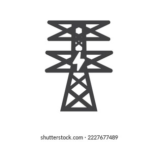 Industrial high voltage power lines icon. High voltage tower logo design. Energy industry. Infrastructure, Electricity pylon silhouette. Electricity transmission towers vector design and illustration.