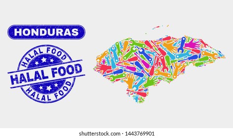 Industrial Honduras map and blue Halal Food textured seal. Colorful vector Honduras map mosaic of engineering units. Blue round Halal Food seal.