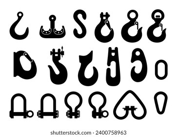 Industrial hook for crane heavy engineering black monochrome minimalist icon set vector flat illustration. Building construction industry lifting metallic tool mechanical machinery weight load