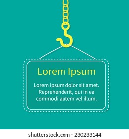 Industrial hook on chain with blank poster board template Flat design Vector illustration