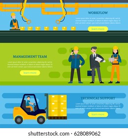 Industrial horizontal banners with employees packaging management and transportation processes in flat style vector illustration