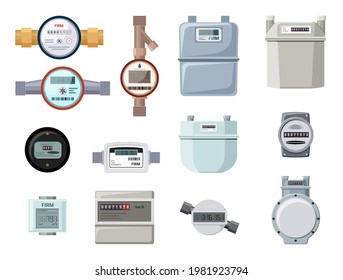 Industrial and household meters set. Equipment with software filling electronic indicators retro mechanical gas and water.