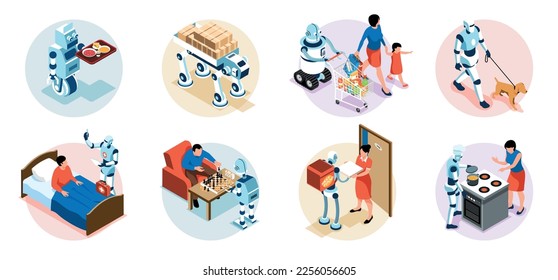 Industrial and household robot assistant helping people doing chores isometric set isolated 3d vector illustration
