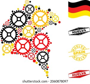 Industrial Huelva Province map collage and seals. Vector collage is composed of repair service icons in variable sizes, and Germany flag official colors - red, yellow, black.