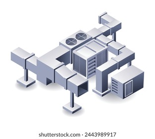 Ilustración isométrica plana 3d del sistema de conductos HVAC de Industrial