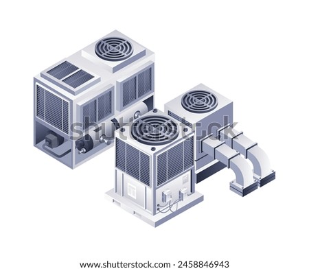 Industrial HVAC refrigeration equipment infographics flat isometric 3d illustration