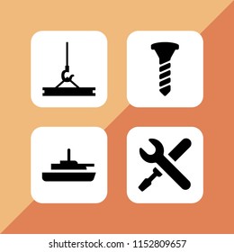 industrial icon. 4 industrial set with ship, screw, crane and wrench vector icons for web and mobile app