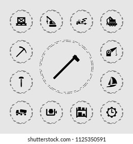 Industrial icon. collection of 13 industrial filled icons such as crane, concrete mixer, garden hammer, cargo on palette. editable industrial icons for web and mobile.
