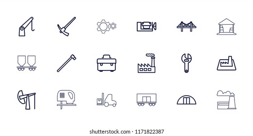 Industrial icon. collection of 18 industrial outline icons such as toolbox, wrench, vice clamp, garden hammer, cargo barn. editable industrial icons for web and mobile.