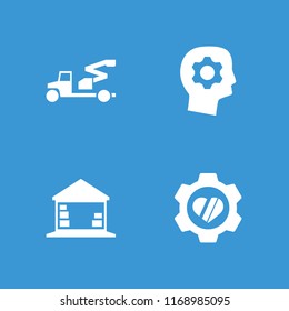 Industrial icon. collection of 4 industrial filled icons such as heart in gear, gear in head, crane. editable industrial icons for web and mobile.