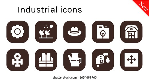 industrial icon set. 10 filled industrial icons. Included Gear, Satellite dish, Hat, Fuel, Warehouse, Copper, Vest, Oil, Gas fuel, Move icons
