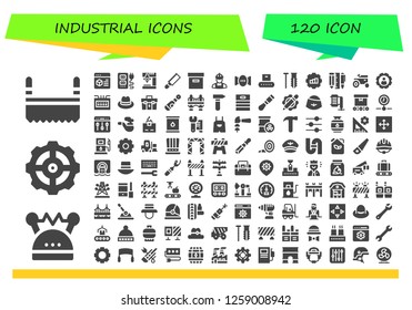  industrial icon set. 120 filled industrial icons. Simple modern icons about  - Saw, Helmet, Settings, Socket, Drill, Box, Worker, Pipe, Conveyor, Screw, Gear, Tools, Tractor