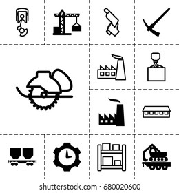 Industrial icon. set of 13 filled and outline industrial icons such as construction crane, cargo wagon, cargo crane, factory, gear clock, hammer, barn, hook with cargo