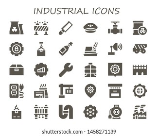 industrial icon set. 30 filled industrial icons.  Collection Of - Nuclear plant, Barrier, Saw, Hat, Pipe, Barrel, Settings, Crane, Oil, Satellite dish, Dump truck, Box, Gear, Vest